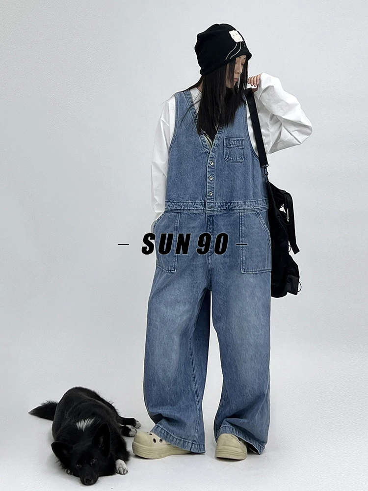 

SUN90 Американский джинсовый комбинезон с талией в стиле ретро, свободные широкие брюки, весенне-осенняя женская рабочая одежда, цельные брюки, джинсы с высокой талией