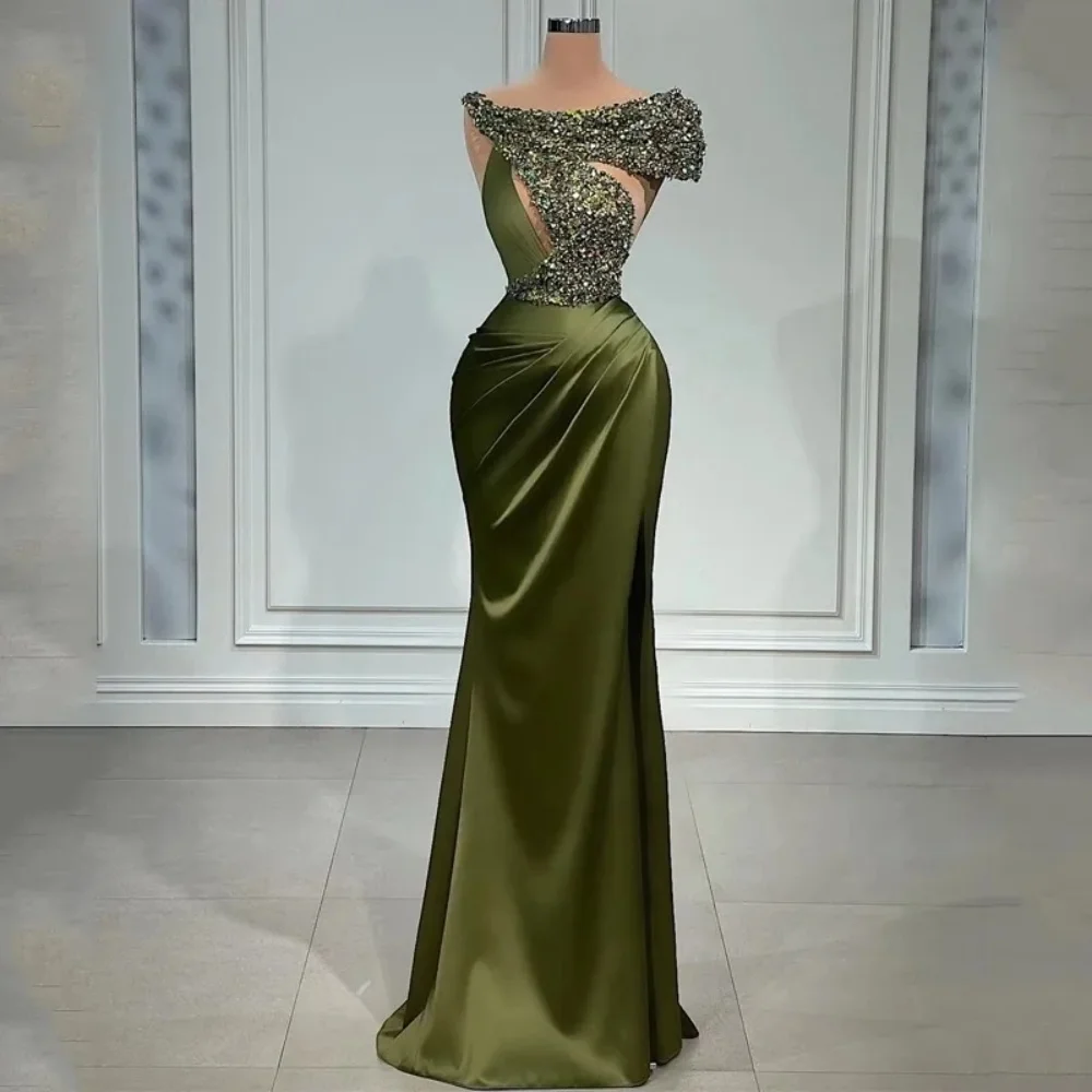 Elegant  Saudi  Evening Dresses Olive Green Satin Mermaid With Silver Sequins Scoop Neck Custom Plus Size Formal Occasion Dress