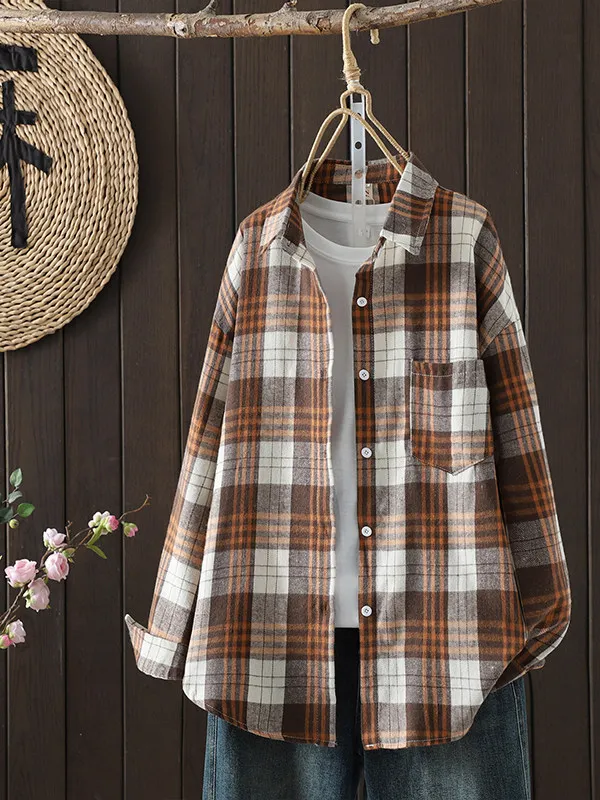 Women's plus Size Shirt Checkered Long Sleeve Turn-down Collar Button-up Slimming Versatile Mid-length Coat Artistic Loose Fit