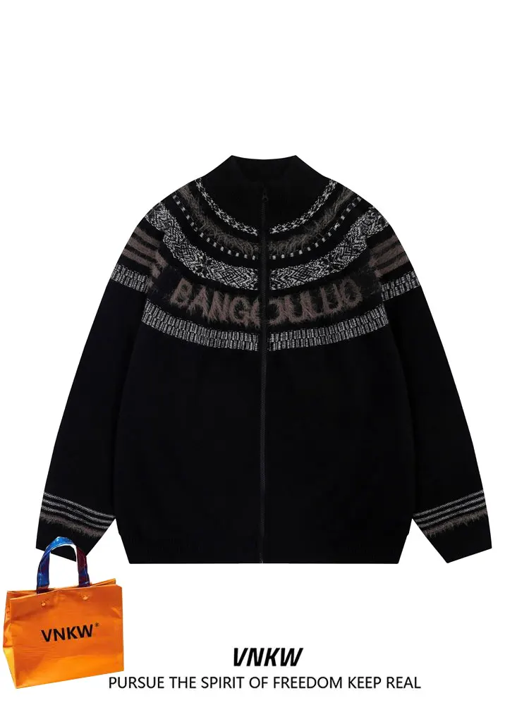 

Вязаный кардиган-жакет унисекс Bla для мужчин и женщин, осенне-зимний, в этническом стиле, ретро, с воротником на молнии, молодежный, стильный