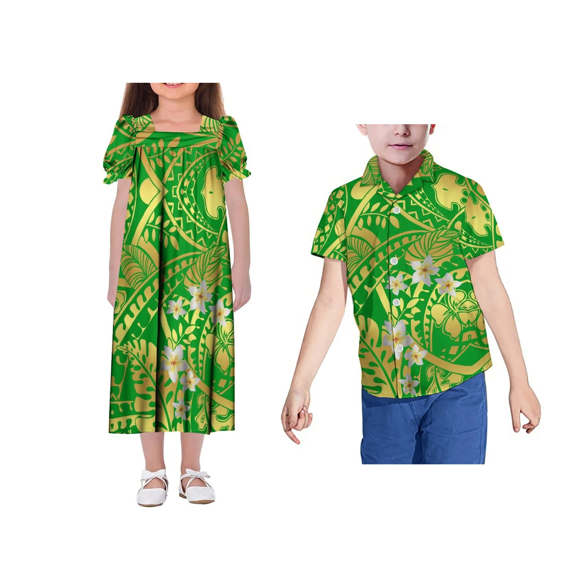 Wholesale Custom Polynesian Design Girls Dress Kids Puff Sleeve Puffy Kids Clothes Stretch Children Micronesia Mumu For Girls