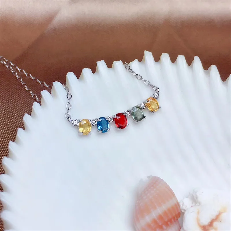 Natural Multicolor Yellow Pink Blue Sapphire Necklace Original Pure S925 Sterling Silver Rainbow with Certificate