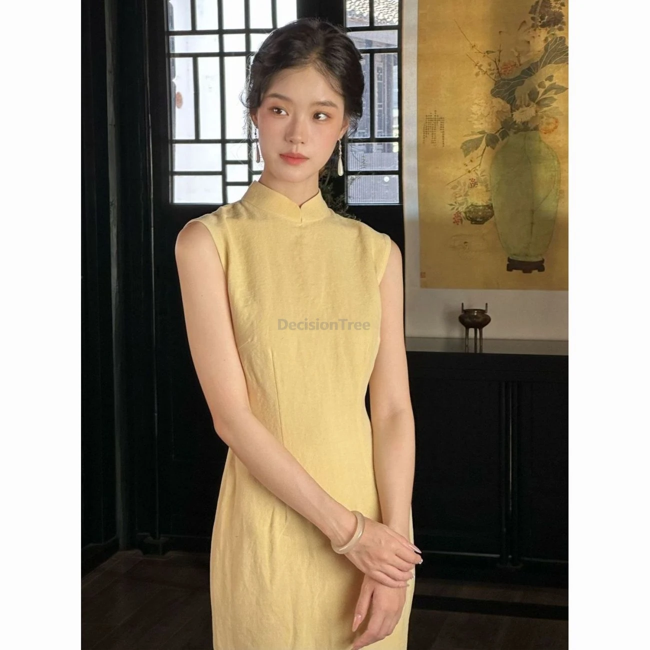 Stand-collar simple yellow new Chinese-style sleeveless dress improved daily cheongsam slim waist elegant fitted slip dress