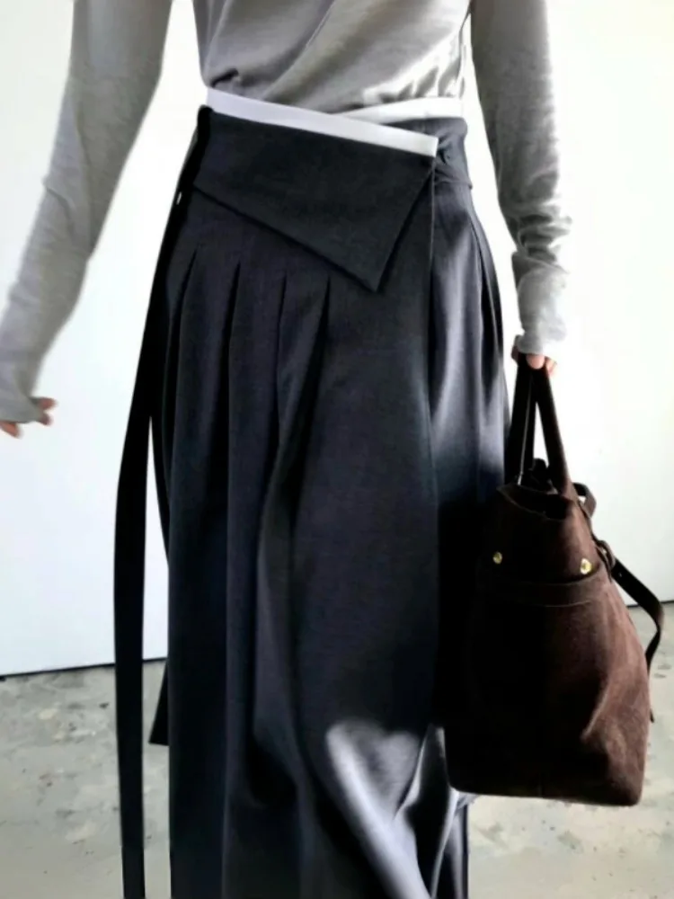 

Chic Spring College Sle A-Line Pleated Skirt Versatile Irregular Hemline Belted Versatile for Various Ocns