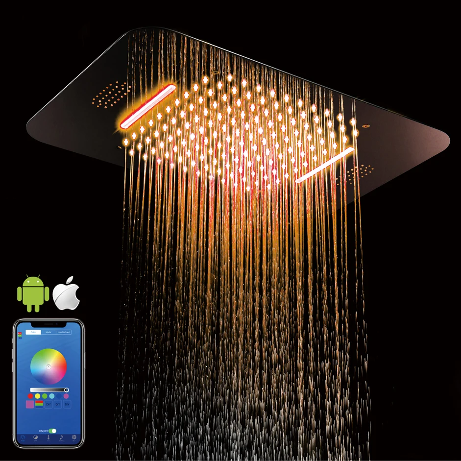 Luxury Colorful Ceiling Square Showerheads Bathroom SUS304 Music Rainfall Shower Phone Control LED Shower Head