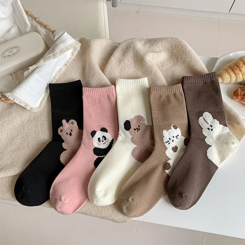 Lady Socks Japanese Fashion Autumn Winter Outerwear Comfort Birkenstock Pile Stockings Cartoon Cute Bear Flocking Mid-tube Sock