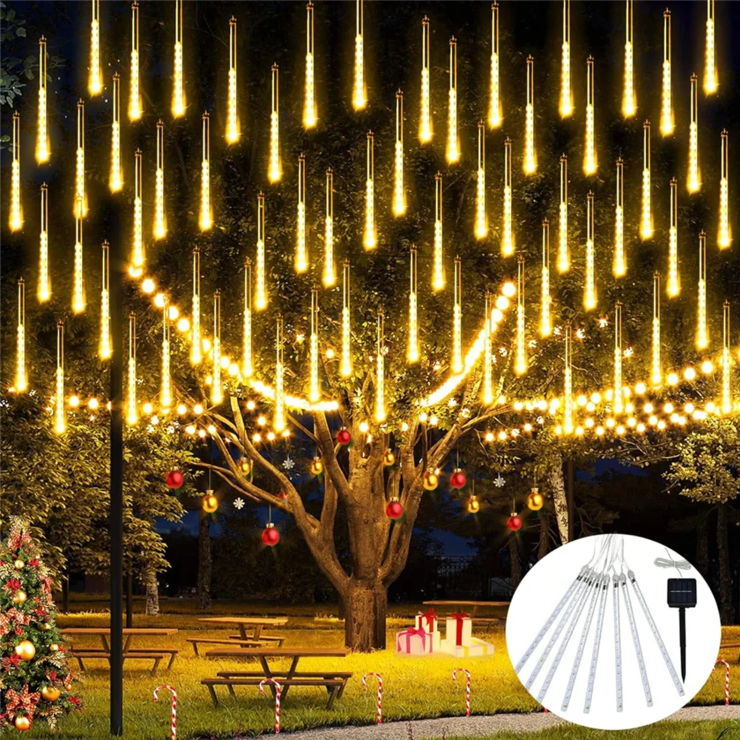 Luz de corda do chuveiro de meteoro elegante e impressionante, 96 LEDs brilhantes, luz solar de chuva para o Natal, novo, 30cm