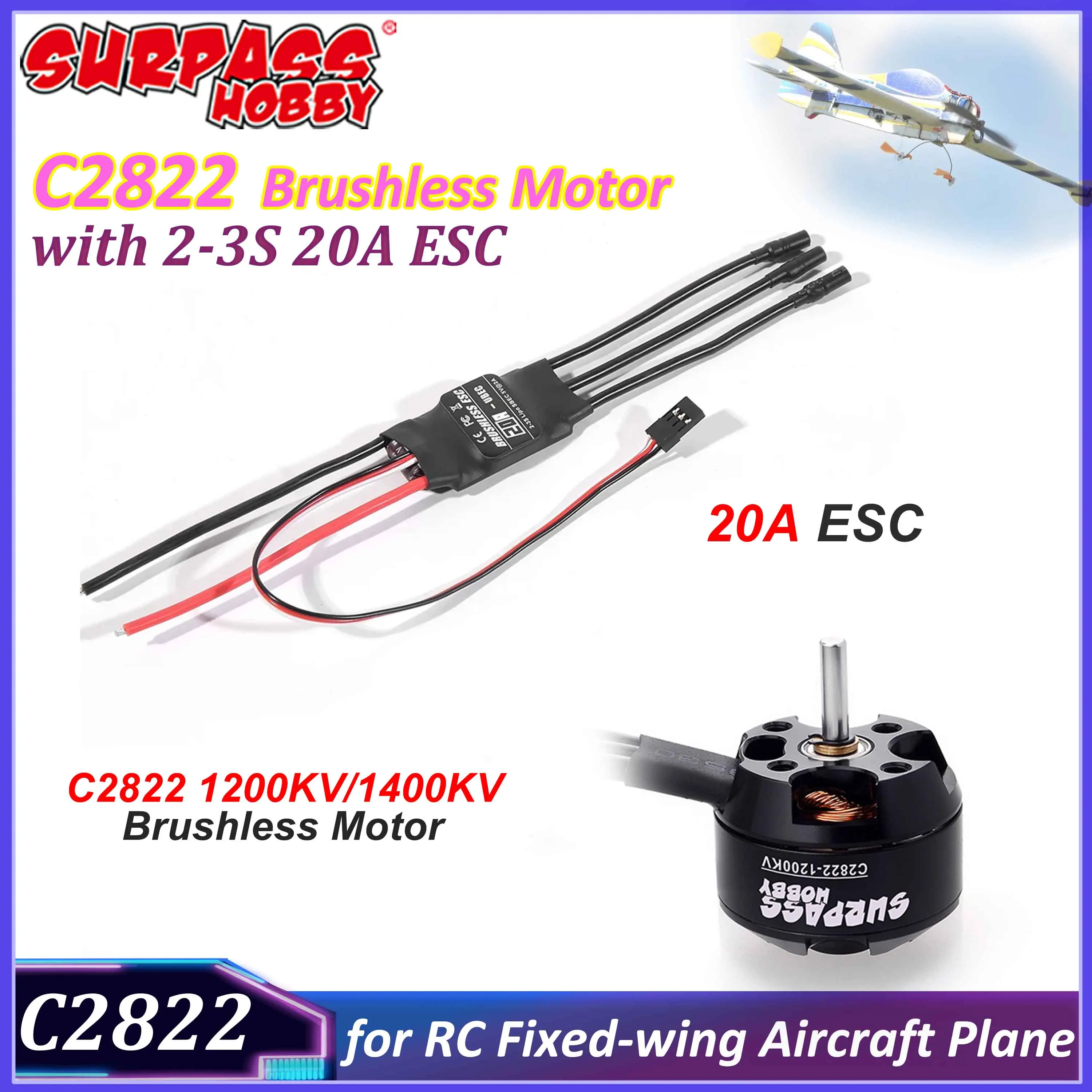SURPASS HOBBY 2822 1200/1400KV Brushless Motor 20A ESC Combo 2-3S Speed Controller for RC Fixed-wing Aircraft Plane Drone Part