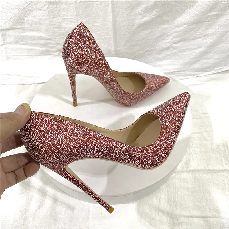 Nuevos zapatos de tacón alto con lentejuelas para mujer, tacones finos puntiagudos de 12CM, zapatos de boda de cuero suave, zapatos individuales de boca poco profunda