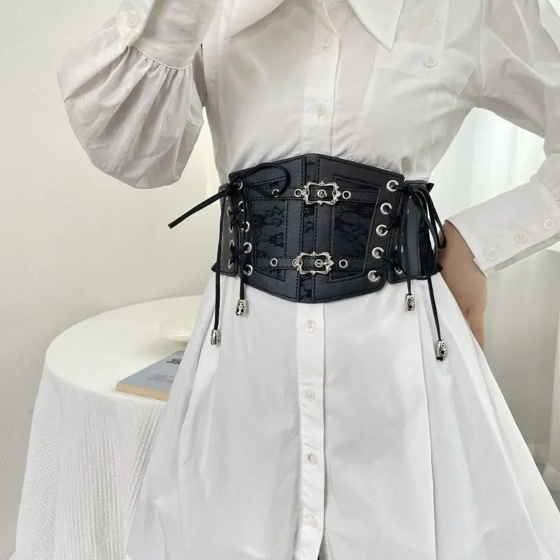 European and American retro black lace lace leather waist seal, women's decoration is fashionable, wearing elastic corset, wide