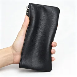 ZRCX Men's Genuine Leather Long Zipper Wallet First Layer Cowhide Youth Ultra-Thin Handbag Wallet Trendy Brand Simple Wallet