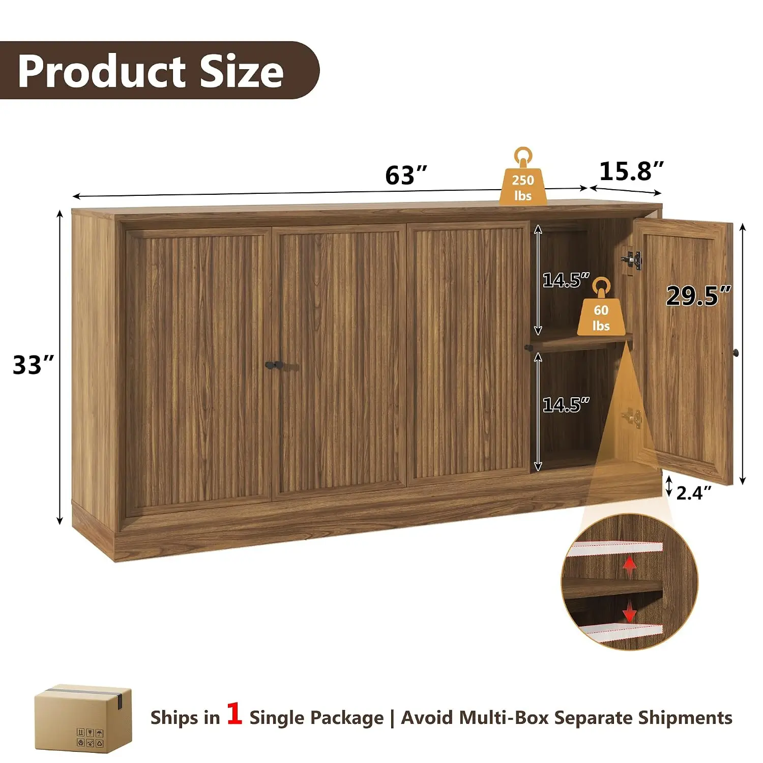 63” Fluted Sideboard Buffet Cabinet with Storage, Mid Century Modern Wooden Credenza with 4 Doors & Adjustable, Customized