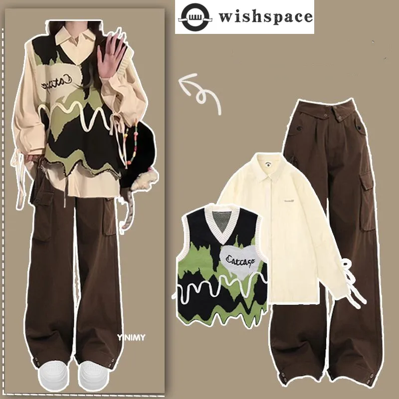 Spring and Autumn Fashion Women's Set New Korean Casual Shirt Tank Top High Waist Work Pants Three Piece Set