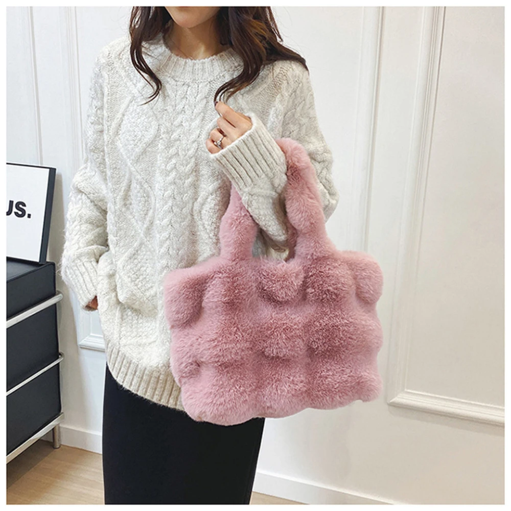 Simple Solid Color Plush For Women Handbag Fashionable Shoulder Bag Casual Commuting Tote Bag Stylish Versatile Handle Bag