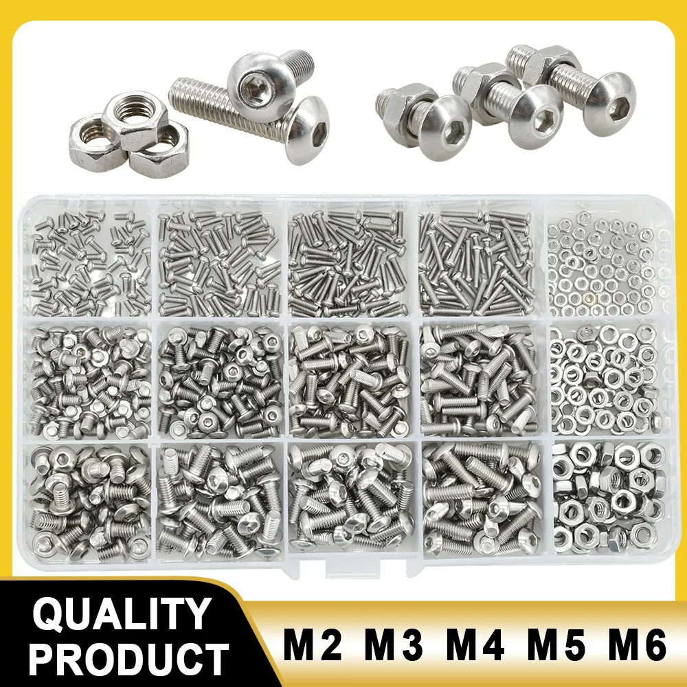 

Allen Screw Nut Bolt Kit M2 M3 M4 M5 M6 304 Stainless Steel Bolts Nuts Set Hexagon Button Round Head Machine Screws Nuts Kit