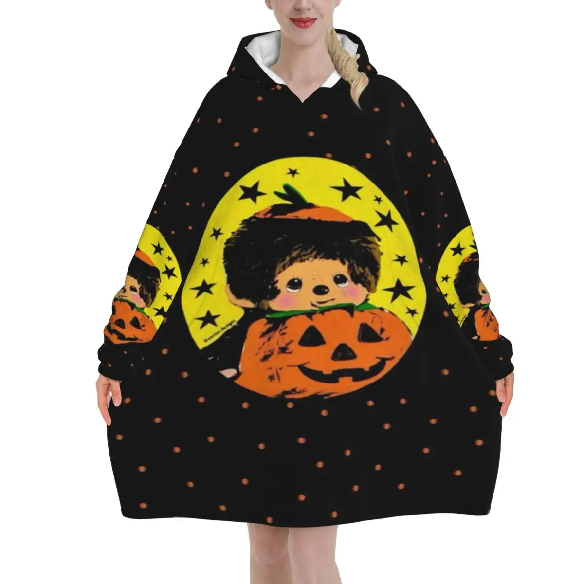 Monchhichies Halloween Wearable Blanket Hoodie for Women Men Oversized Sweatshirt Blanket with Pocket