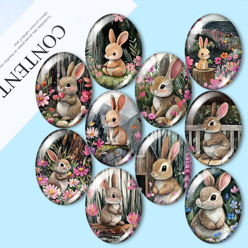 

Watercolor Spring Rabbit 10pcs 13x18mm/18x25mm/30x40mm Oval photo glass cabochon demo flat back Making findings
