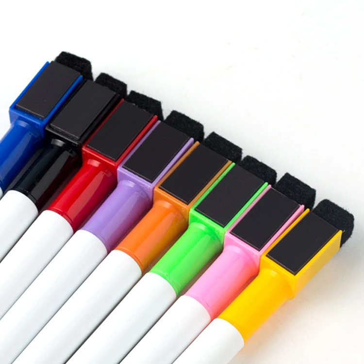 Ginflash 8colors Erasable Colorful black School Whiteboard Pen Dry White Board Markers Built In Eraser Student