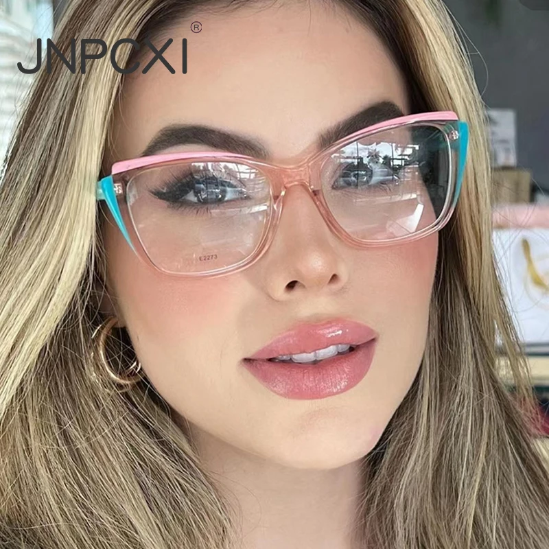 JNPCXI Retro TR90 Double Color Cat Eye Women Glasses Frame Fashion Pink Clear Anti-Blue Light Optical Men Eyewear Frame