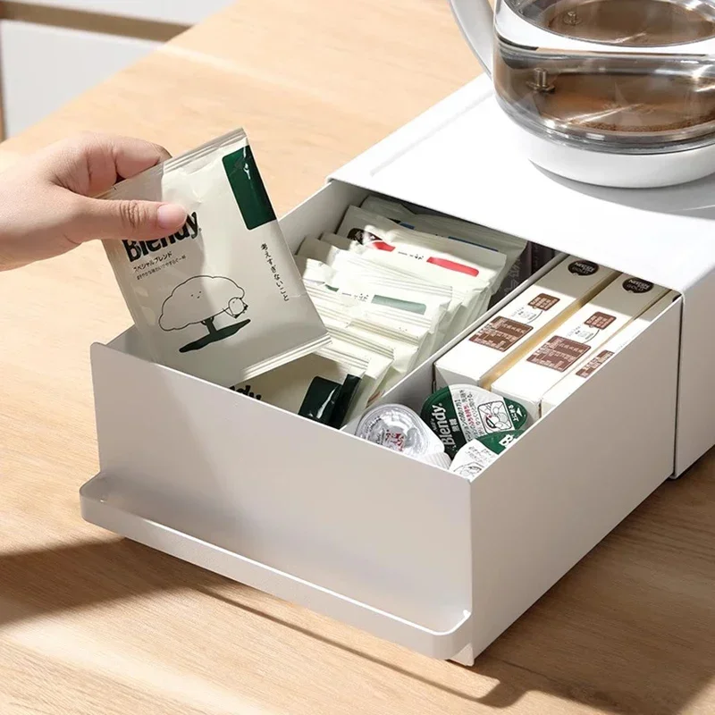 1 قطعة-صندوق تخزين معدني جديد على سطح المطبخ مع درج، منظم صينية مقسم لآلة القهوة، حامل موزع المياه #3