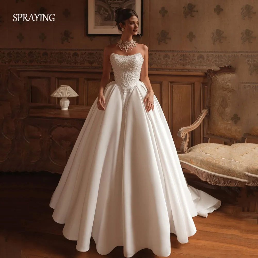 SPRAYING Luxury Sparkly Beaded Wedding Dress Ivory O Neck Sleeveless Long Sweep Train Bridal Gowns Robe De Mariée Customized