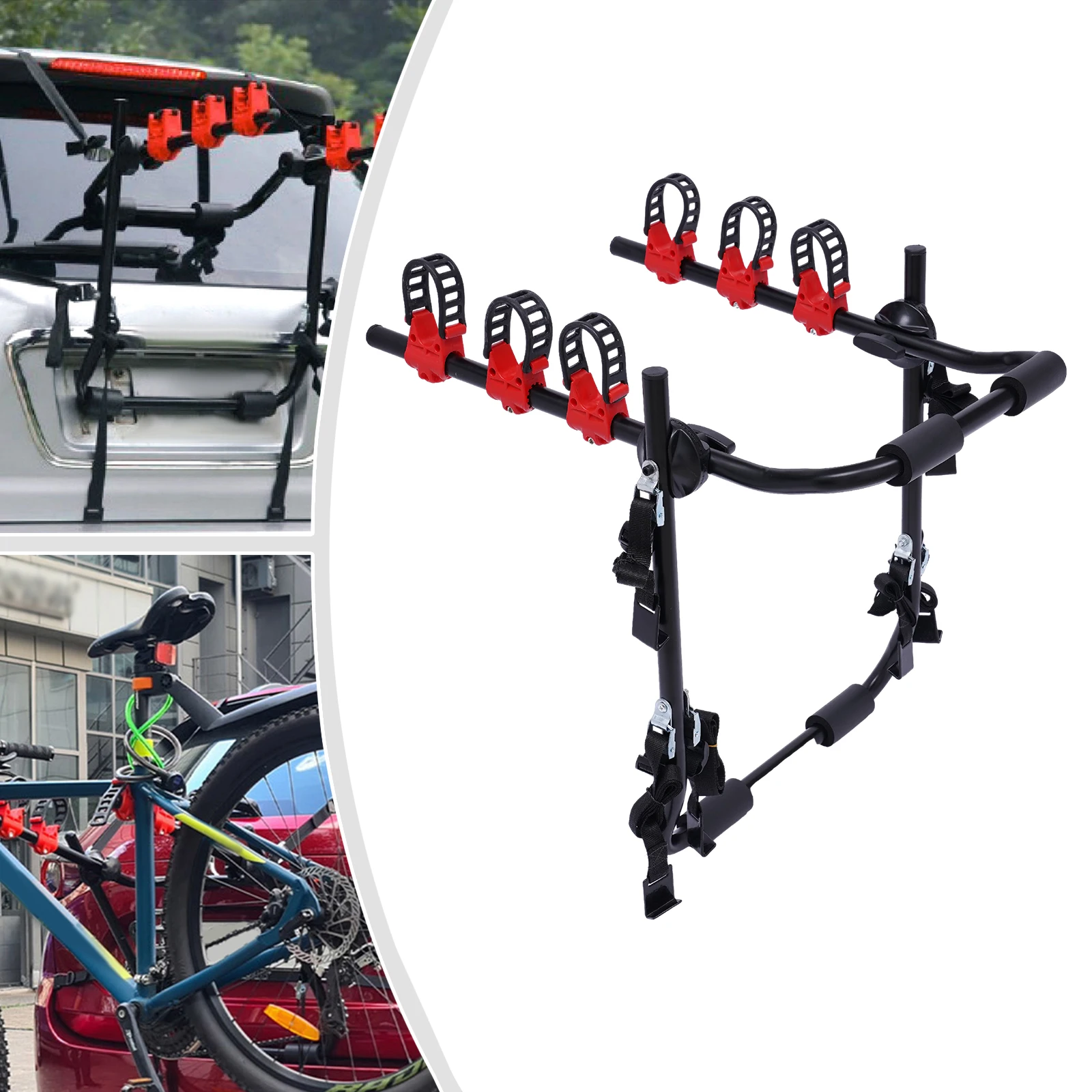 20kg 3-Bike-Trunk-Mount Foldable Trunk Bike Rack for Hatchbacks and SUVs Modern Three Bicycles Trunk Bike Rack Black and Red