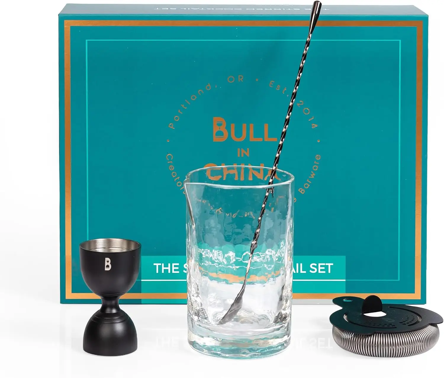 4 Piece Cocktail Kit by - Premium Bartender Gift Set Includes Flagship Mixing Glass, 12 inch Barspoon, Bell Jigger & Hawthorne S