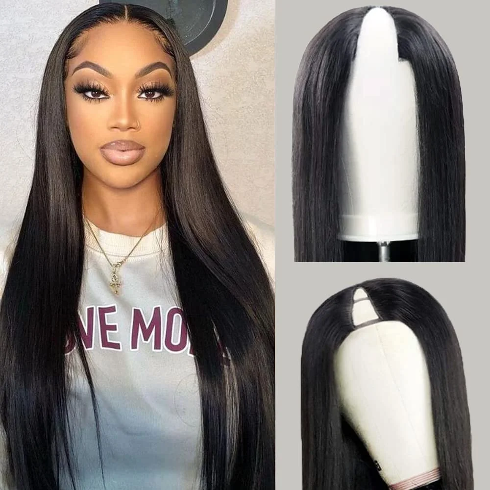 

Brazilain Straight V Part Wig Human Hair No Lace No Leave Out Upgrade U Part Wigs Glueless Wig For Women Natural Black Half Wig