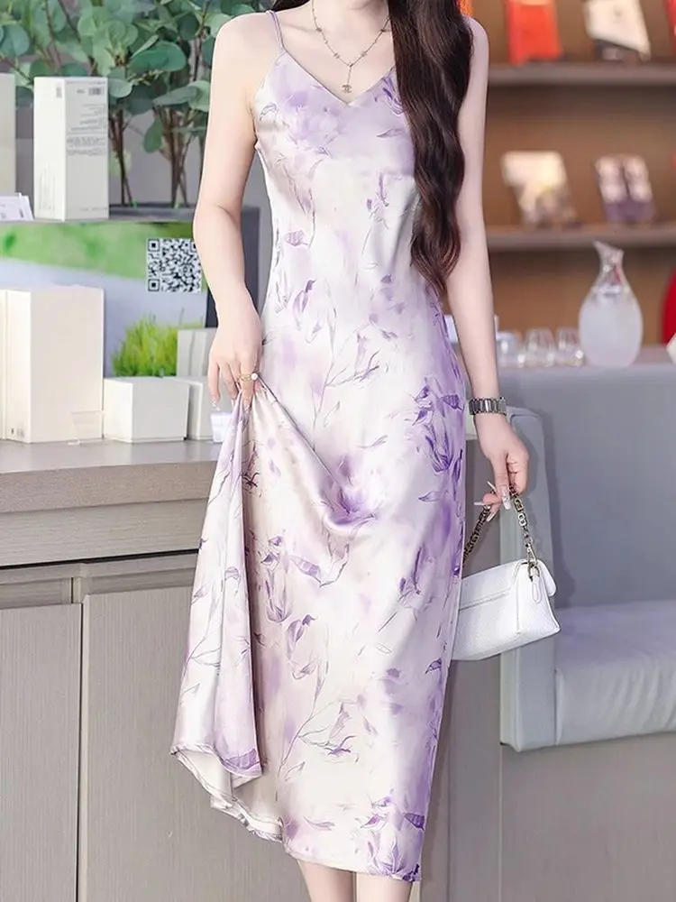 فستان صيفي Ele عالي الخصر على شكل حرف a Dr للنساء من الحرير والساتان مطبوع ثنيات طويلة منقوشة بالزهور Dr V-Ne Svel