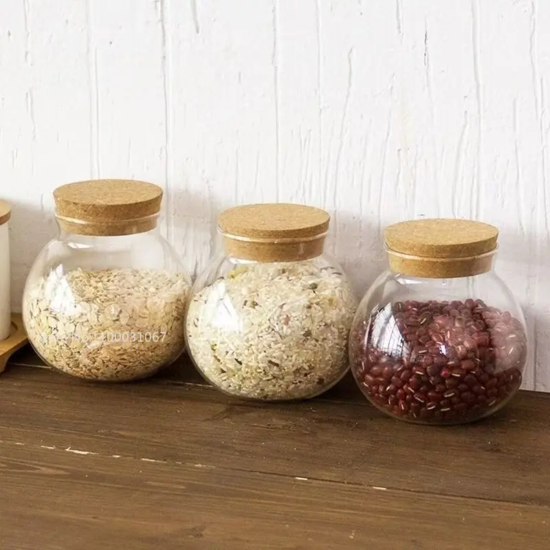 Large Capacity 500ML Spherical Glass Food Storage Container with Cork Lids  Sealed Glass Bottles Pot Jar for Kitchen Organizer