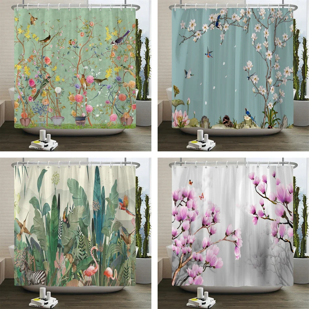 Plant Flowers and Birds Shower Curtain Printed Modern Minimalist style Polyster Fabric Home Decor Bathroom Curtain with Hooks