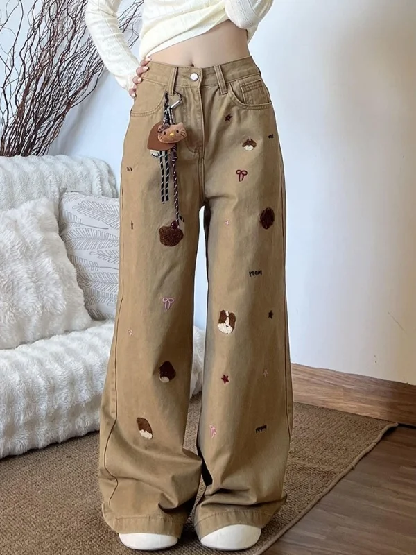 

Женские джинсы с вышивкой, удлиненные, свободного кроя, с широкими штанинами, в пол, осенне-зимние, модные, с высокой талией, в американском стиле