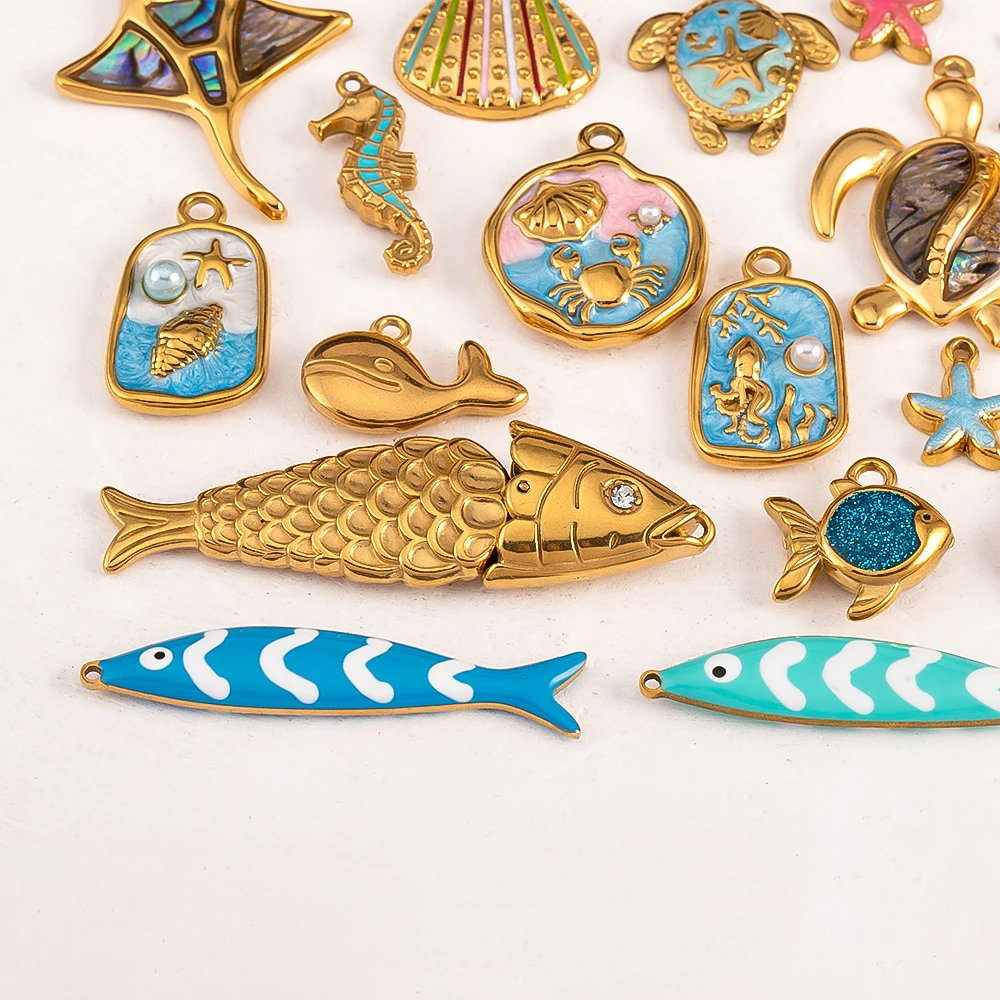 2pcs Stainless Steel Marine Animals Pendant Shell Turtle Starfish Demon Fish Necklace Earring Charm for Jewelry Making Supplies image 2