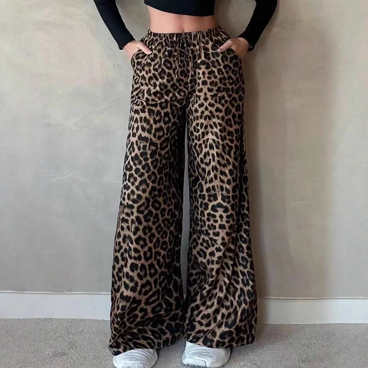 High Waist Wide Leg Pants Women's Satin Casual Pants Autumn Seasonal Loose Versatile Leopard Print Straight Leg Trousers
