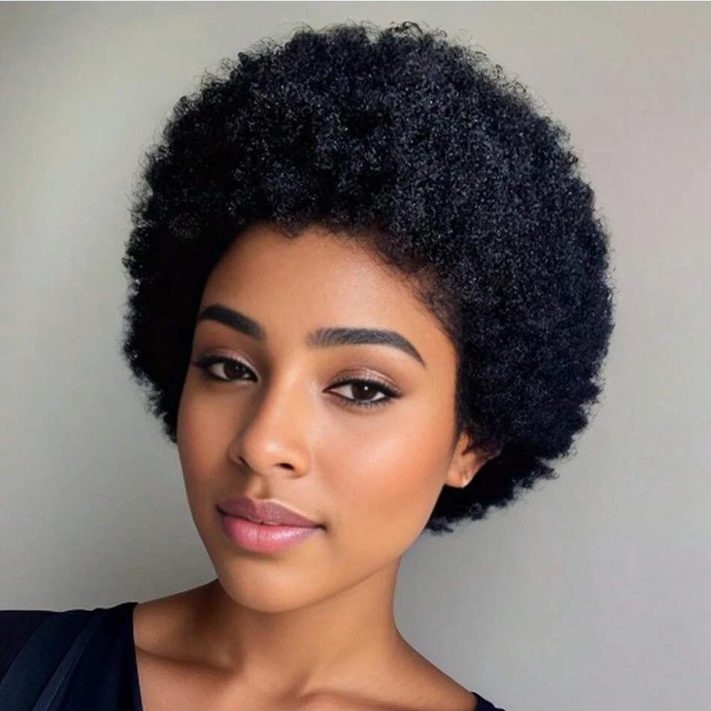 الأفرو غريب مجعد الشعر المستعار الإنسان للنساء السود الشعر البرازيلي الطبيعي الأسود آلة كاملة عابث قطع شعر مستعار رقيق #4