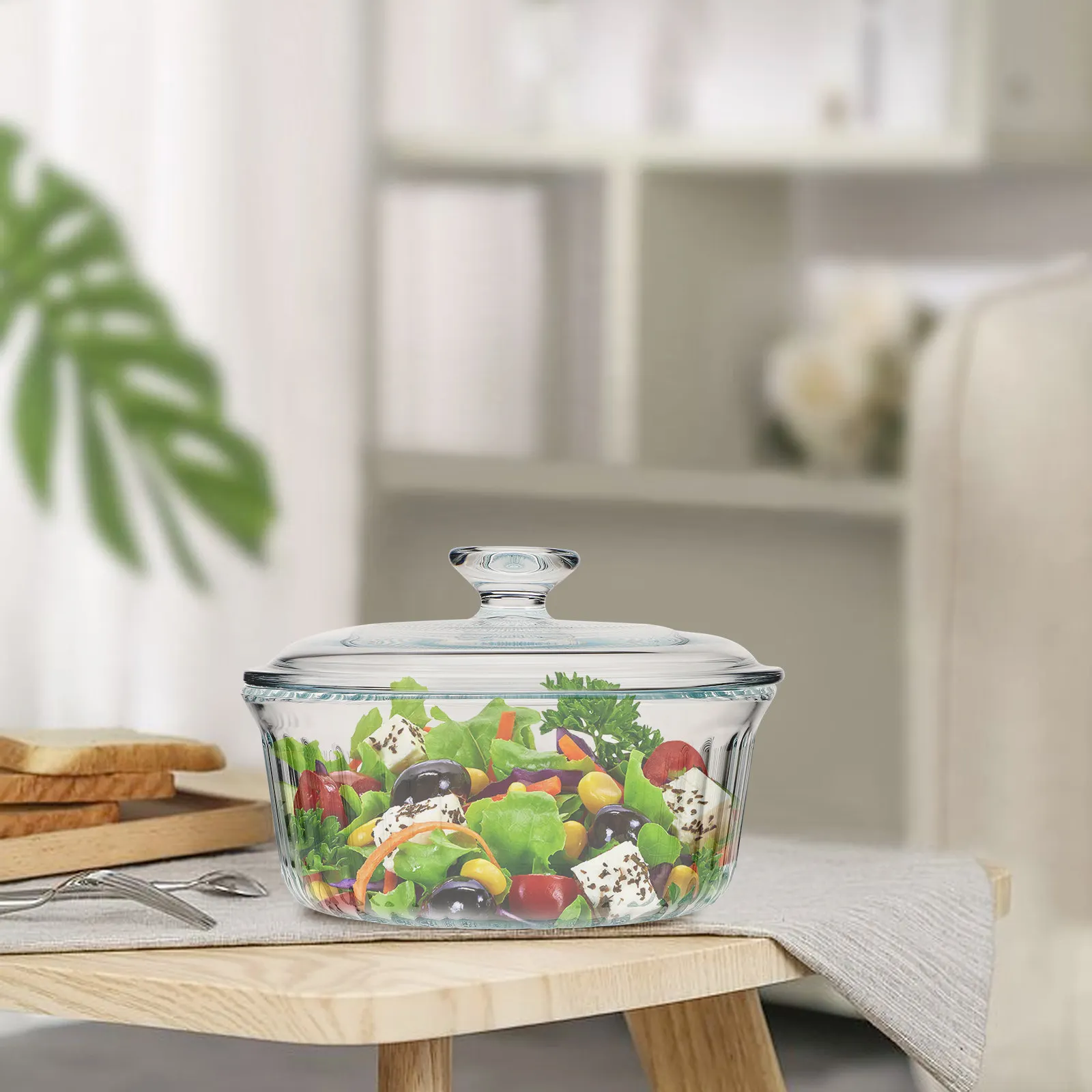 Round Glass Casserole Dish Clear Set Oven Safe Glass Bakeware Sealed Lid Cooking Pot High Transparency Even Heating view 2