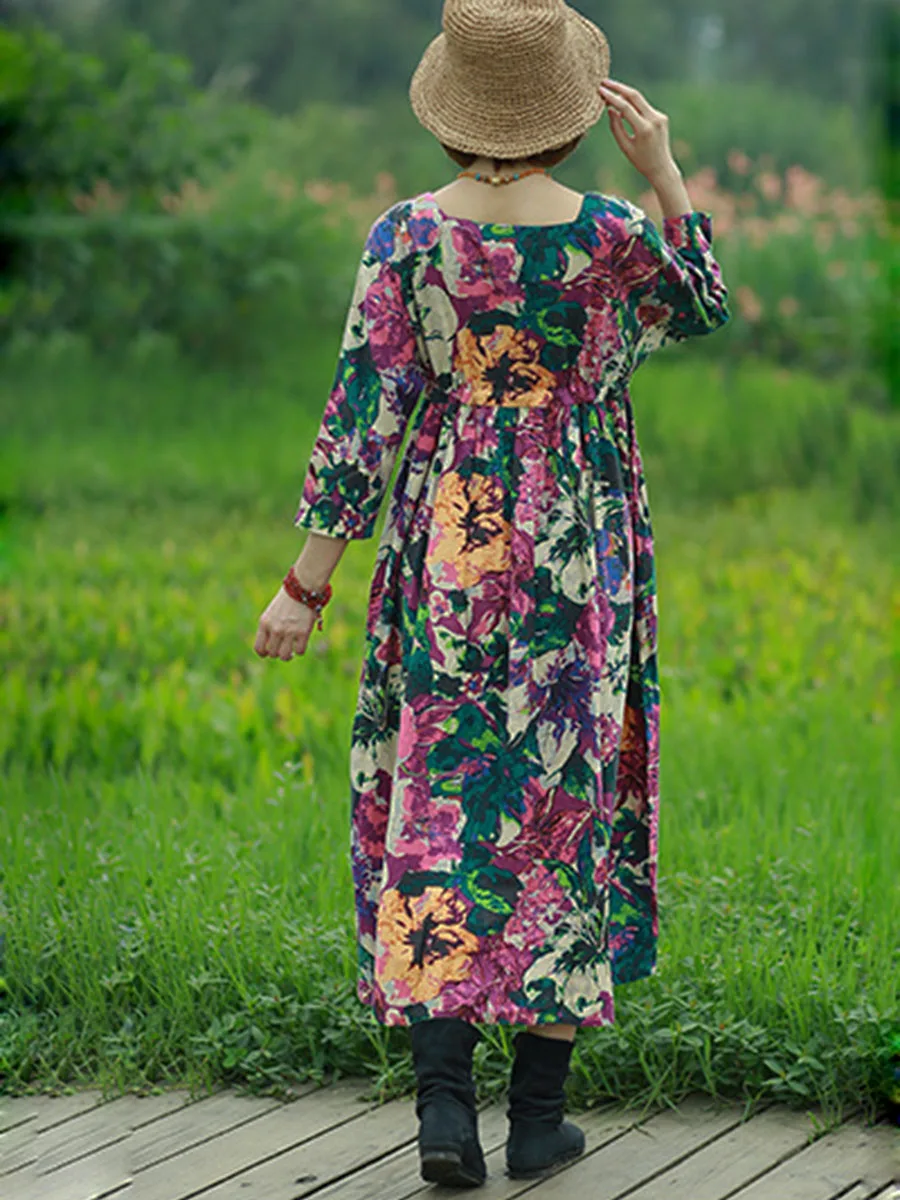 Herbst Baumwolle Leinen Wunderschöne Druck Kleid 3/4 Langarm Frauen Retro Pastoralen Stil Hohe Taille Kordelzug Französisch Boho Maxi Rock