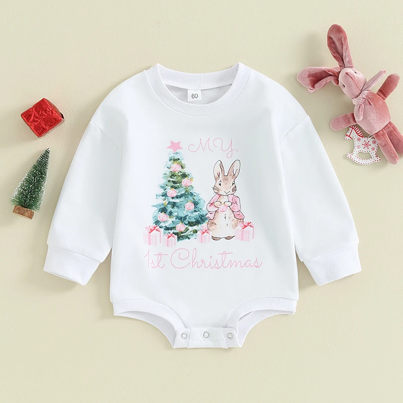 Baby Girls Christmas Sweatshirt Romper Long Sleeve Crew Neck Tree Rabbit Print Bodysuit Jumpsuits Xmas Child Clothes Outfits