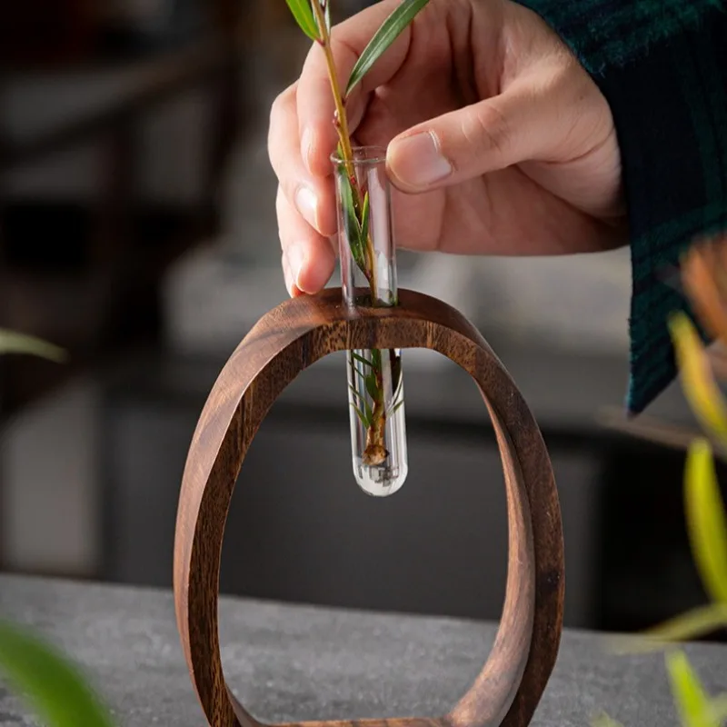 Walnut Wood Vases Hydroponic Plant Container Glass Test Tube Pot Indoor Living Room Tabletop Creative Mini Ornament Decoration