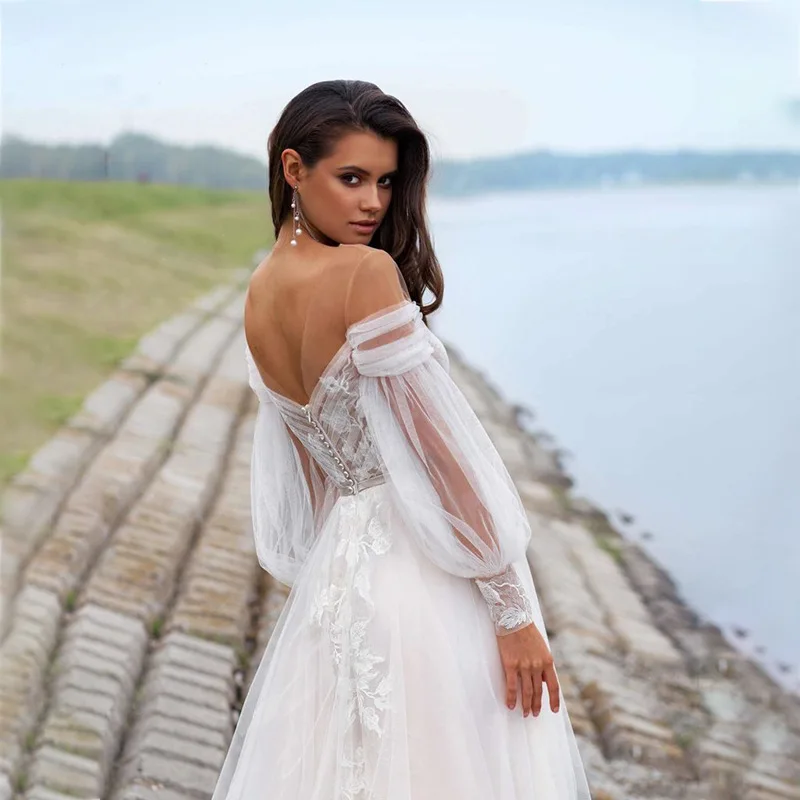 Customized A Line Women Wedding Dresses Tulle Scoop Neck BOHO Puff Sleeves Bridal Gowns Vestido De Noiva robe de mariée