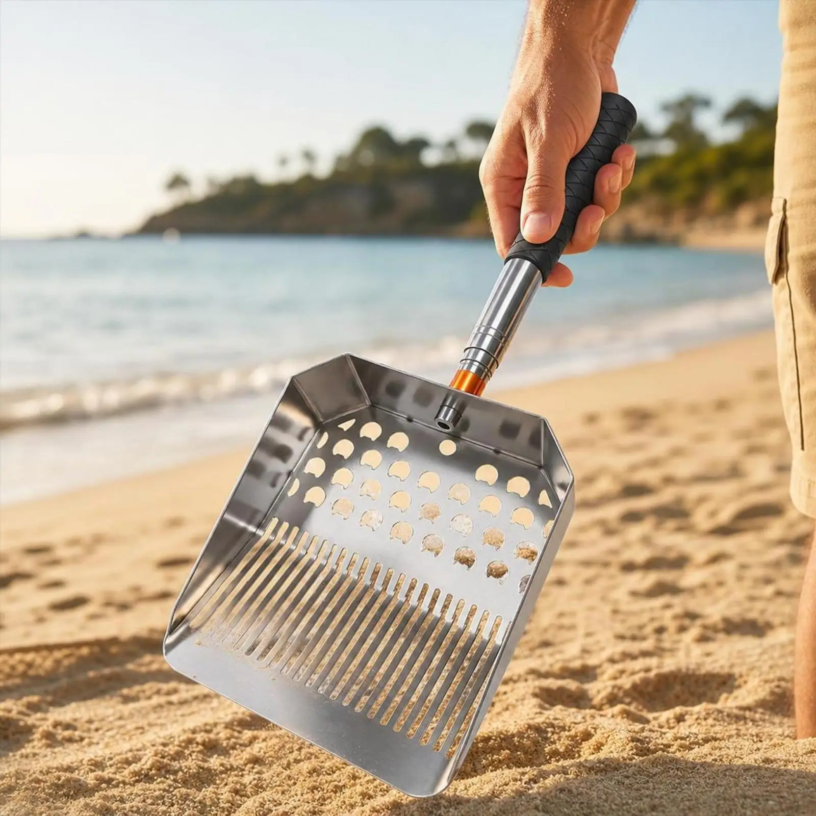 Rust Resistant Sand Sieve Shovel for Beach Treasure Hunting with Perforated Dipper for Shell Collecting and Debris Separation