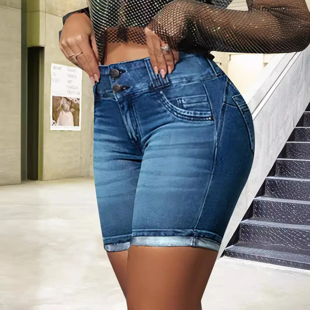 Denim Shorts Ripped Women Jeans Knee Length Jean Washed Holes Distressed Solid Pencil Jeans Spliced Pockets Skinny Vintage