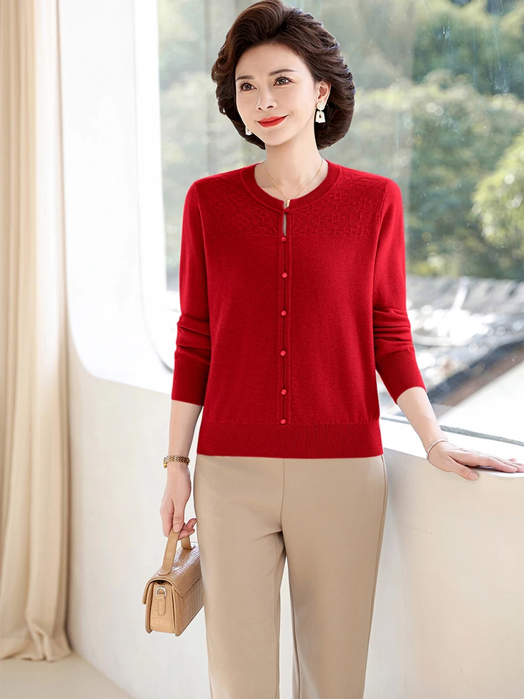 

Ele Red Full Wool Knitted Sweater with Button round Ne Design for Middle-Aged And ly Women Breathable Comfortable ...