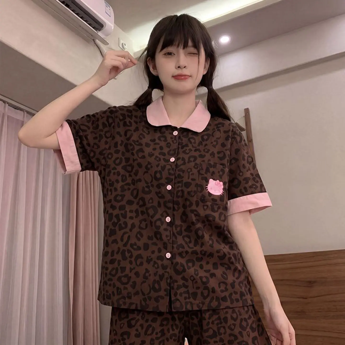 Cute Hello Kitty Women's Leopard Print Pajamas Set Summer Sleepwear Loungewear Short Sleeve Shorts Button Down Soft Kawaii Cozy view 4