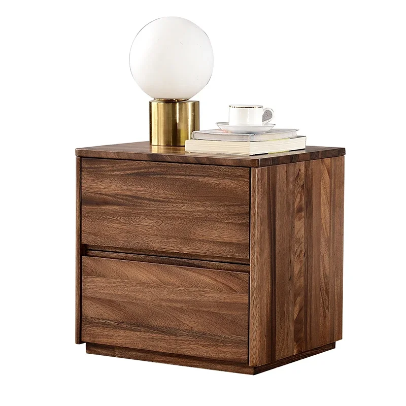 All Solid Wood Black Walnut Bedside Cabinet – Italian Light Luxury Eco-Friendly Wood Wax Oil Double Drawer Design