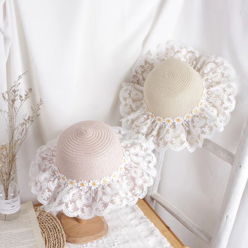 Fashion Baby Petal Brim Straw Woven Hat Sun Protection Lace Cap Kids Girls Princess Collapsible Beach Cute Infant Bucket Hats