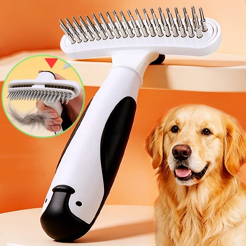 

Dog Comb Rake Dogs Brush Double-row Combs for Dogs Hair Knot Cleaning One-click Pet Hair Remover Rake Combs Dog Grooming Brush