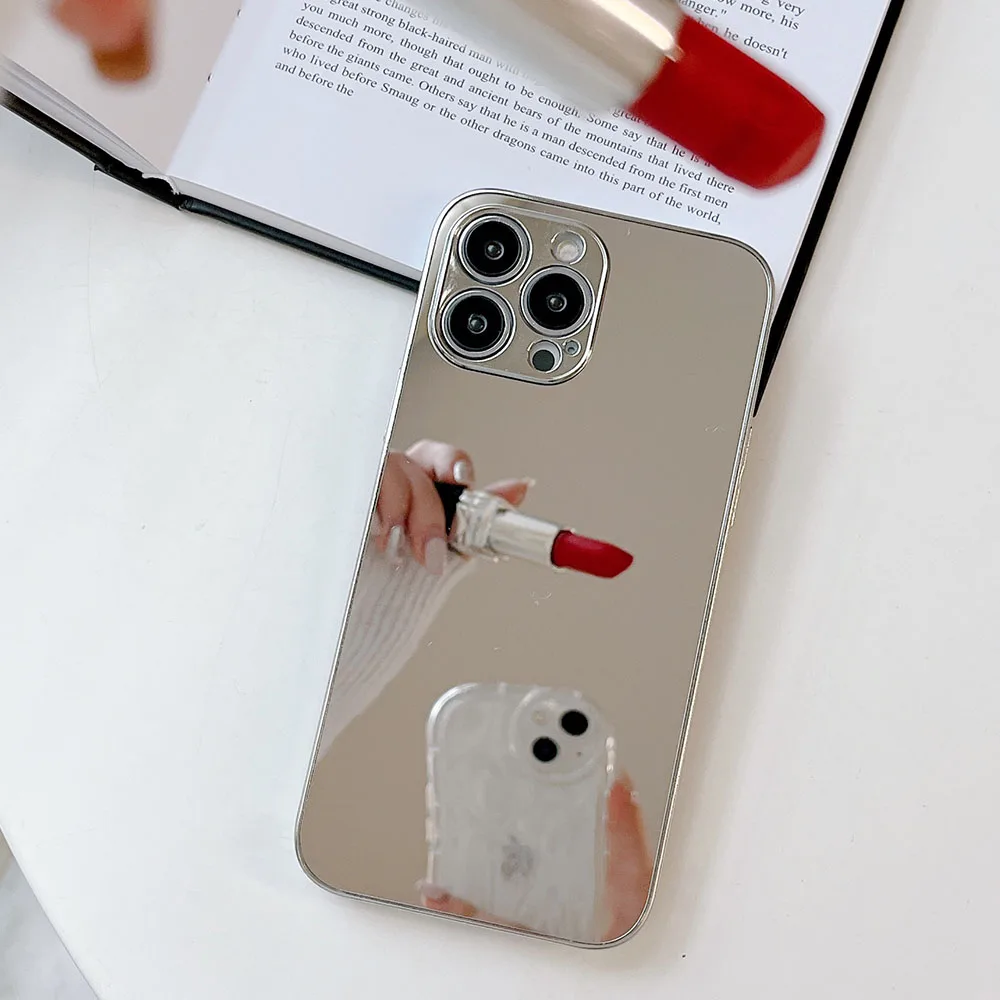 Серебристый ударопрочный чехол с зеркалом для макияжа для iPhone 15, 16 Pro, 11, 12, 13, 14 Pro Max, X, XR, XS, задняя крышка телефона, чехол-бампер для объектива камеры