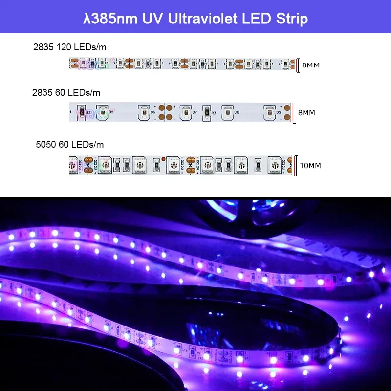 

12V DC 5M 385nm UV Ultraviolet LED Strip 60led/m 120led/m SMD 2835 5050 Purple Light tape for DJ Fluorescence party IP20/IP65