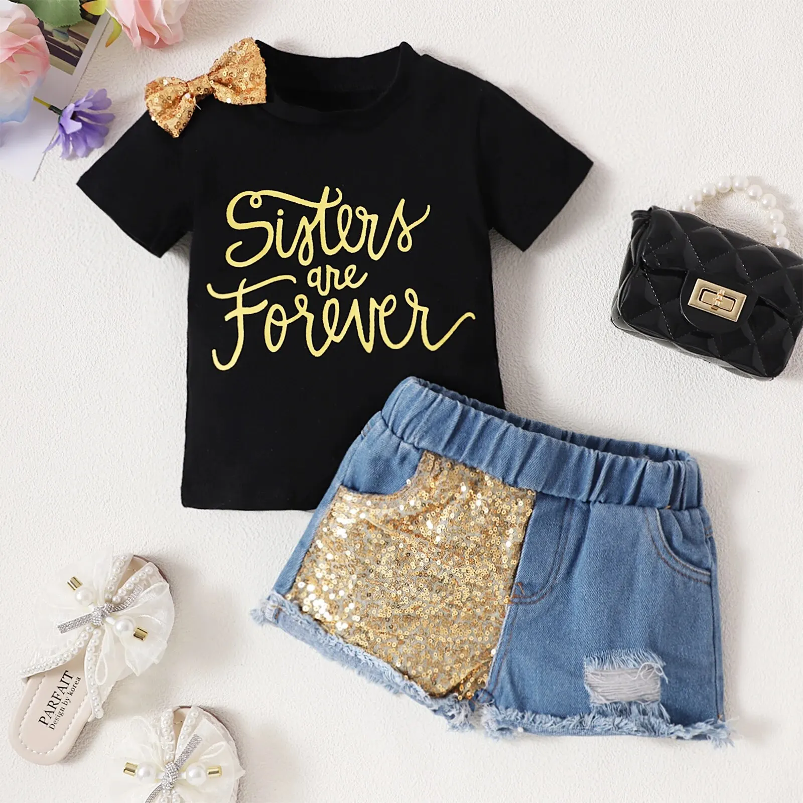 Summer Girl\'s Bow Black Letter Printed Short Sleeved+Gold Border Sequin Perforated Denim Shorts